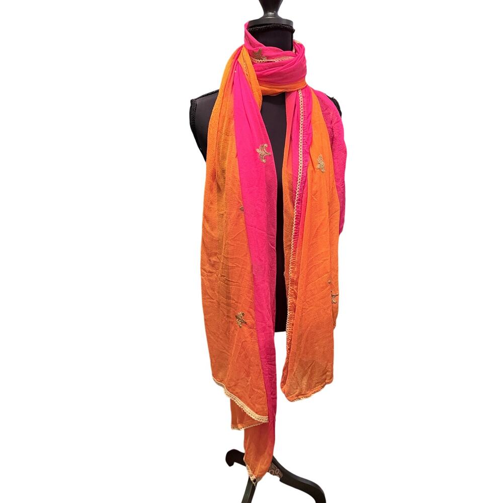 Pink Orange Embroidered Dupatta Indian Scarf Shawl Wrap Boho Ethnic semi sheer
